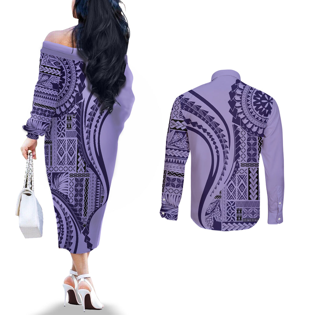 Samoa Siapo Arty Couples Matching Off The Shoulder Long Sleeve Dress and Long Sleeve Button Shirt Purple Style LT9 - Polynesian Pride