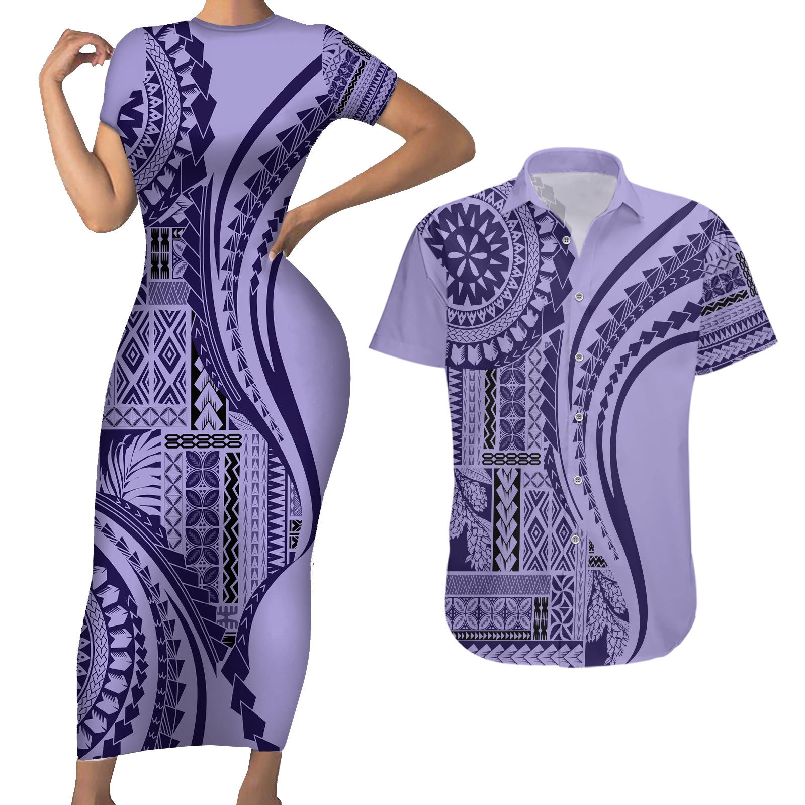 Samoa Siapo Arty Couples Matching Short Sleeve Bodycon Dress and Hawaiian Shirt Purple Style LT9 Purple - Polynesian Pride