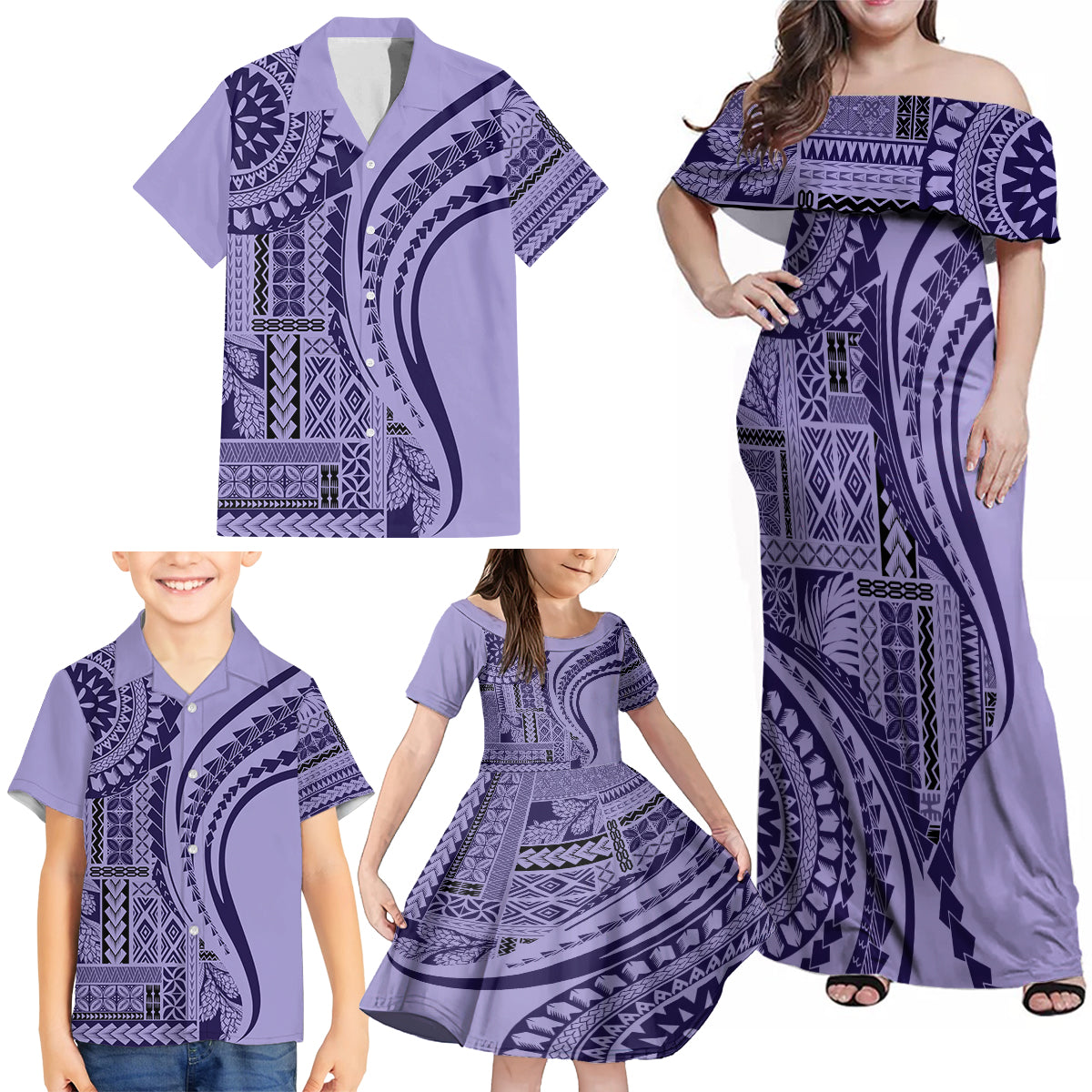 Samoa Siapo Arty Family Matching Off Shoulder Maxi Dress and Hawaiian Shirt Purple Style LT9 - Polynesian Pride