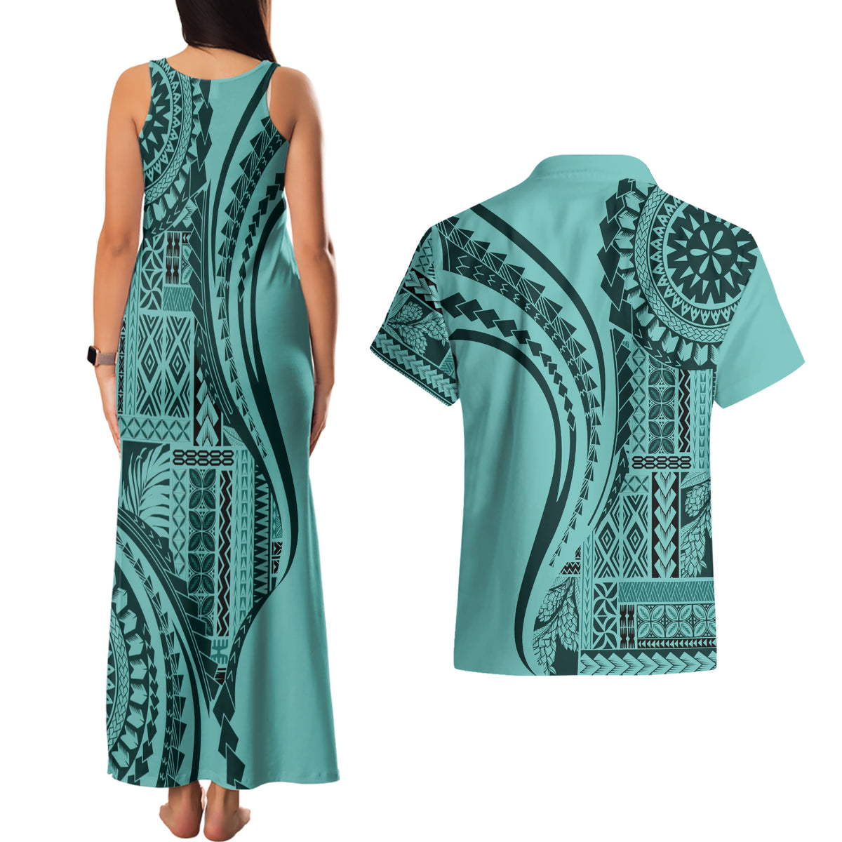 Samoa Siapo Arty Couples Matching Tank Maxi Dress and Hawaiian Shirt Turquoise Style LT9 - Polynesian Pride