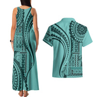 Samoa Siapo Arty Couples Matching Tank Maxi Dress and Hawaiian Shirt Turquoise Style LT9 - Polynesian Pride