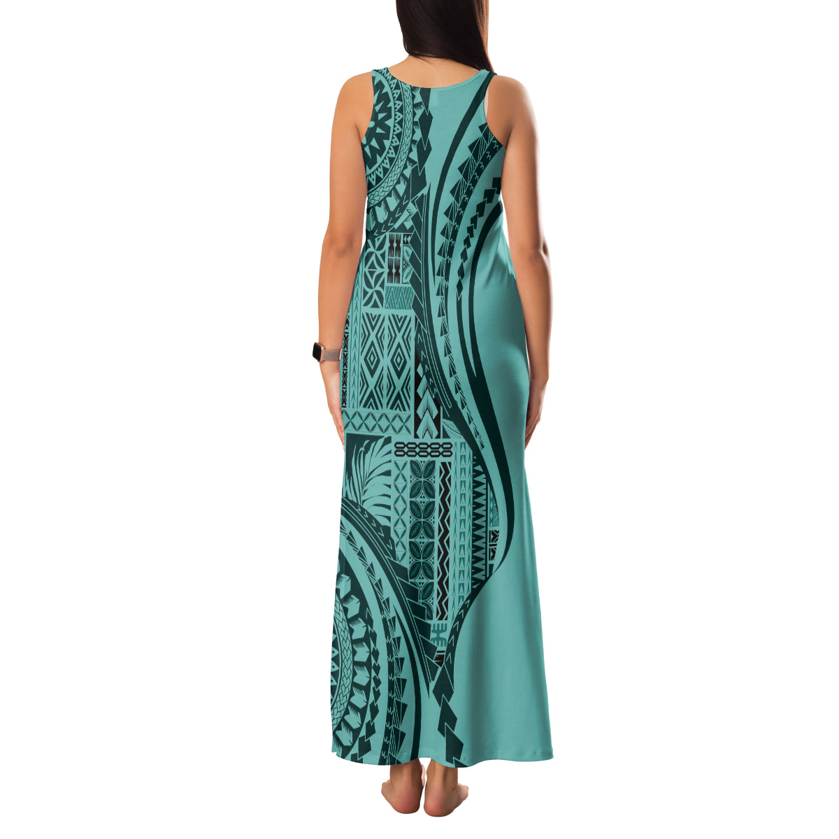 Samoa Siapo Arty Family Matching Tank Maxi Dress and Hawaiian Shirt Turquoise Style LT9 - Polynesian Pride