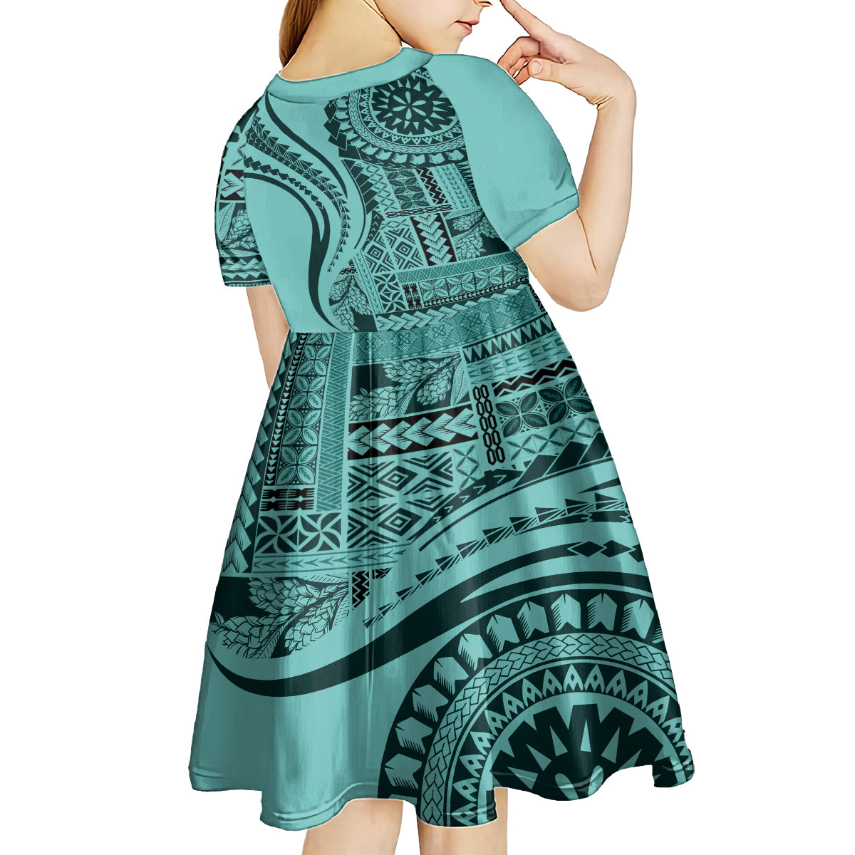 Samoa Siapo Arty Kid Short Sleeve Dress Turquoise Style LT9 - Polynesian Pride