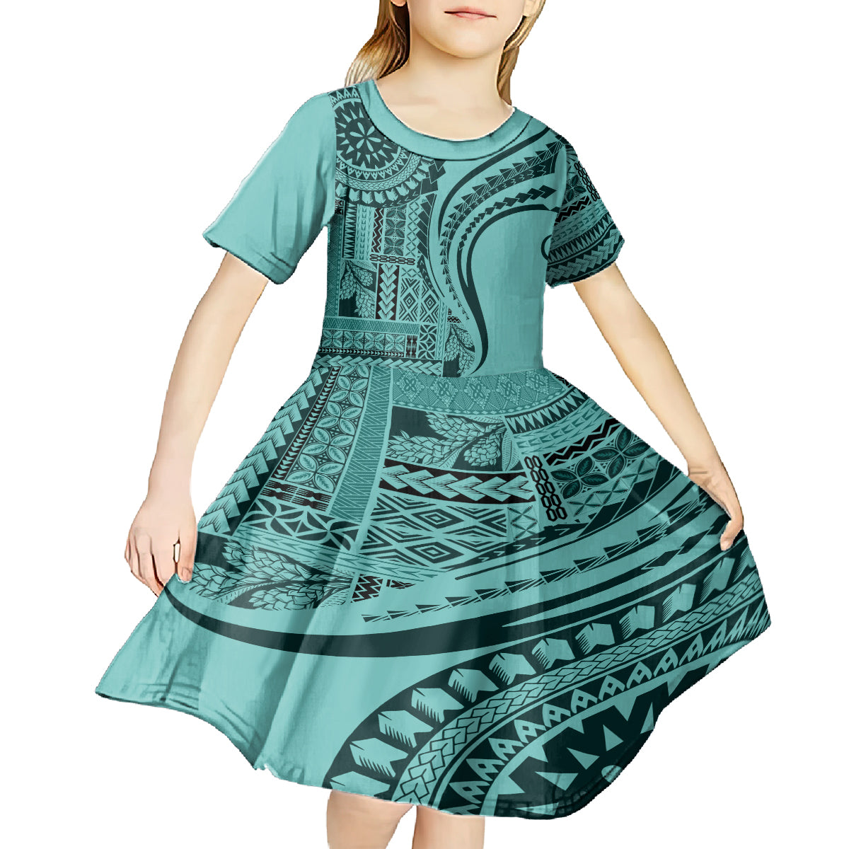 Samoa Siapo Arty Kid Short Sleeve Dress Turquoise Style LT9 - Polynesian Pride