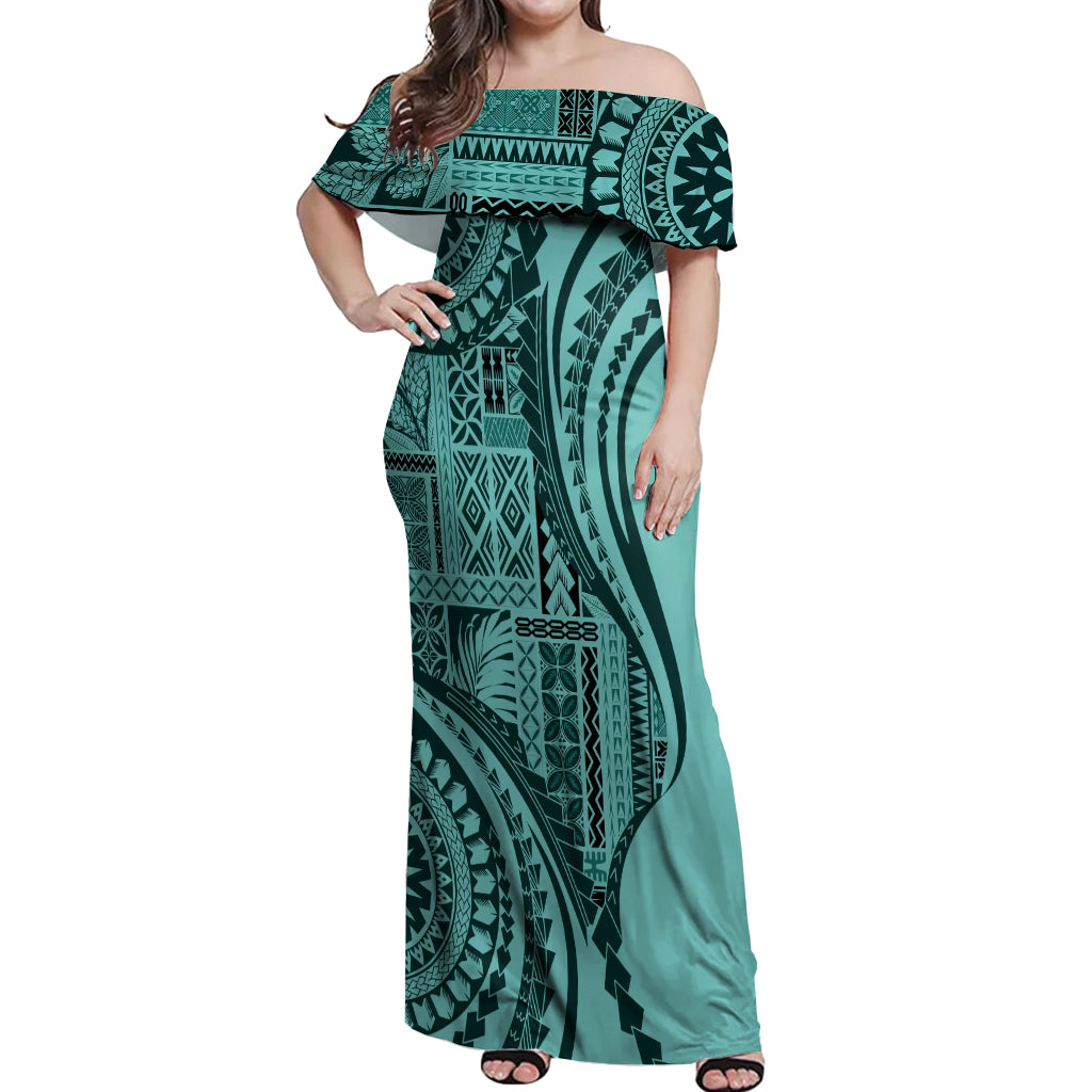 Samoa Siapo Arty Off Shoulder Maxi Dress Turquoise Style LT9 Women Turquoise - Polynesian Pride