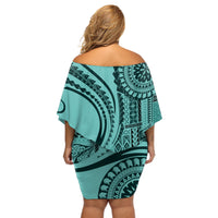 Samoa Siapo Arty Off Shoulder Short Dress Turquoise Style LT9 - Polynesian Pride