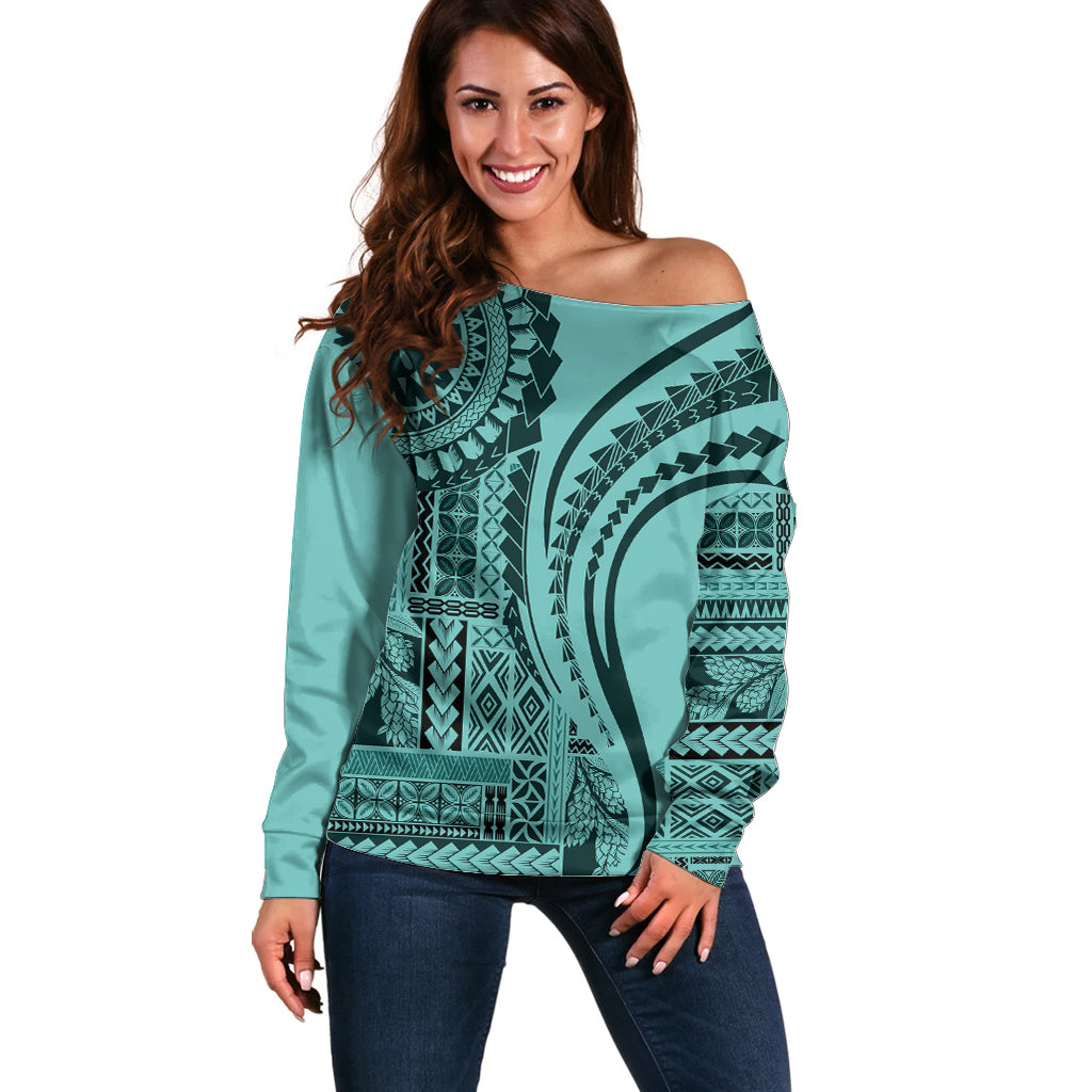 Samoa Siapo Arty Off Shoulder Sweater Turquoise Style LT9 Women Turquoise - Polynesian Pride