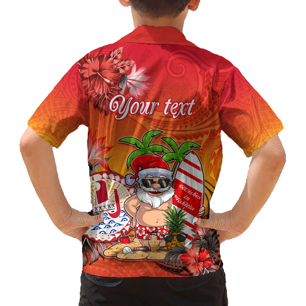 Personalised Wishes in Tahitian Christmas Family Matching Long Sleeve Bodycon Dress and Hawaiian Shirt French Polynesia Santa Beach LT9 - Polynesian Pride