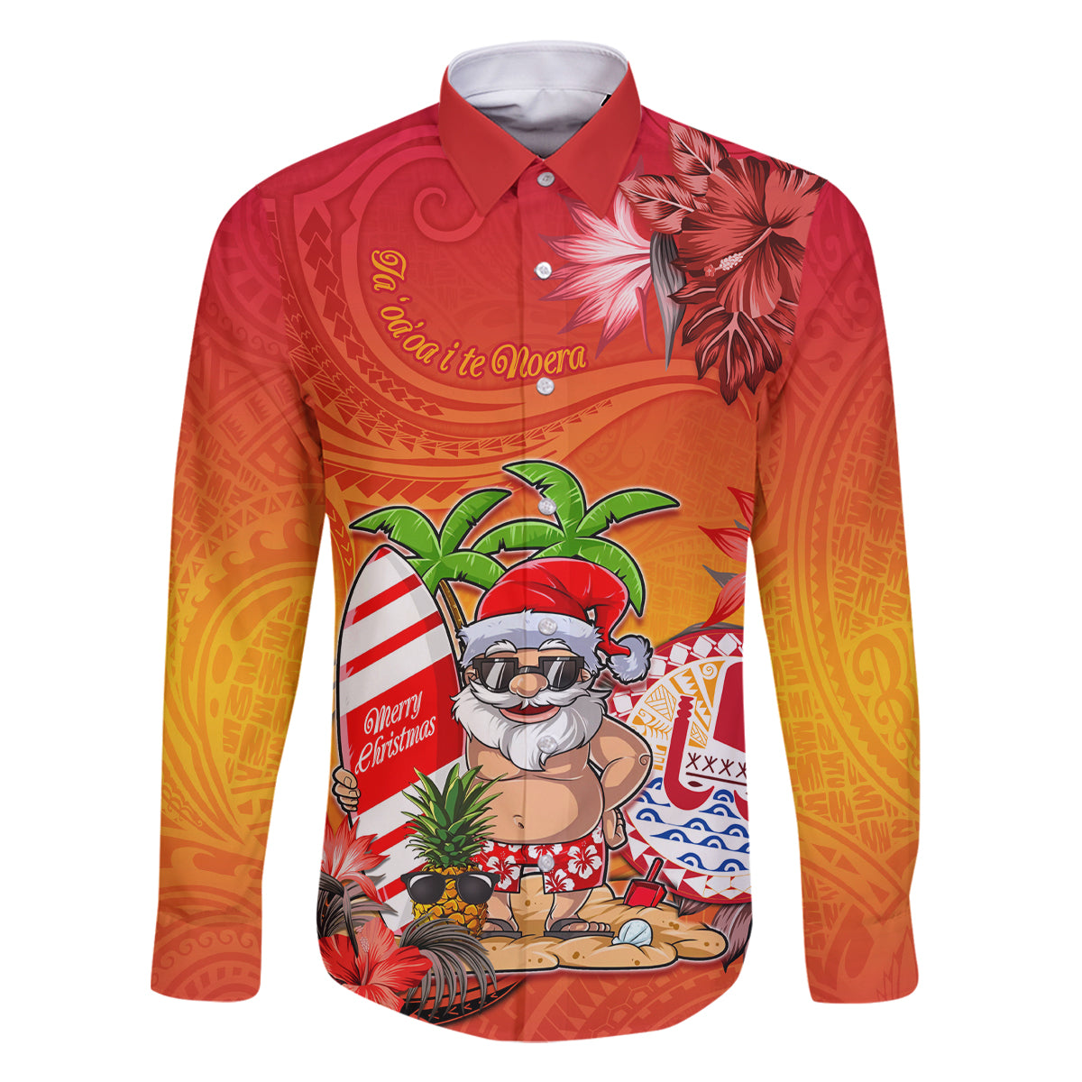 Personalised Wishes in Tahitian Christmas Family Matching Mermaid Dress and Hawaiian Shirt French Polynesia Santa Beach LT9 Dad's Shirt - Long Sleeve Red - Polynesian Pride