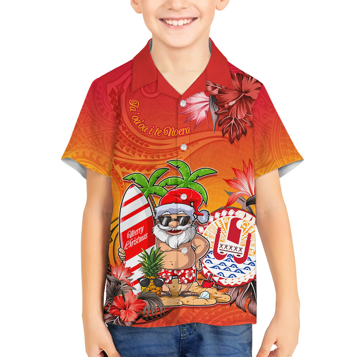 Personalised Wishes in Tahitian Christmas Family Matching Puletasi Dress and Hawaiian Shirt French Polynesia Santa Beach LT9 Son's Shirt Red - Polynesian Pride