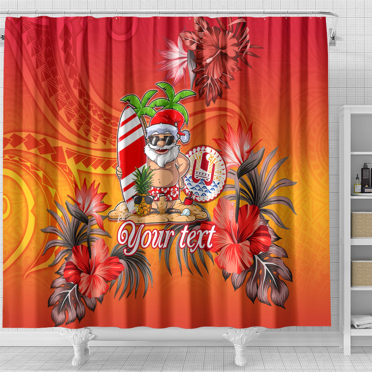 Personalised Wishes in Tahitian Christmas Shower Curtain French Polynesia Santa Beach LT9 - Polynesian Pride