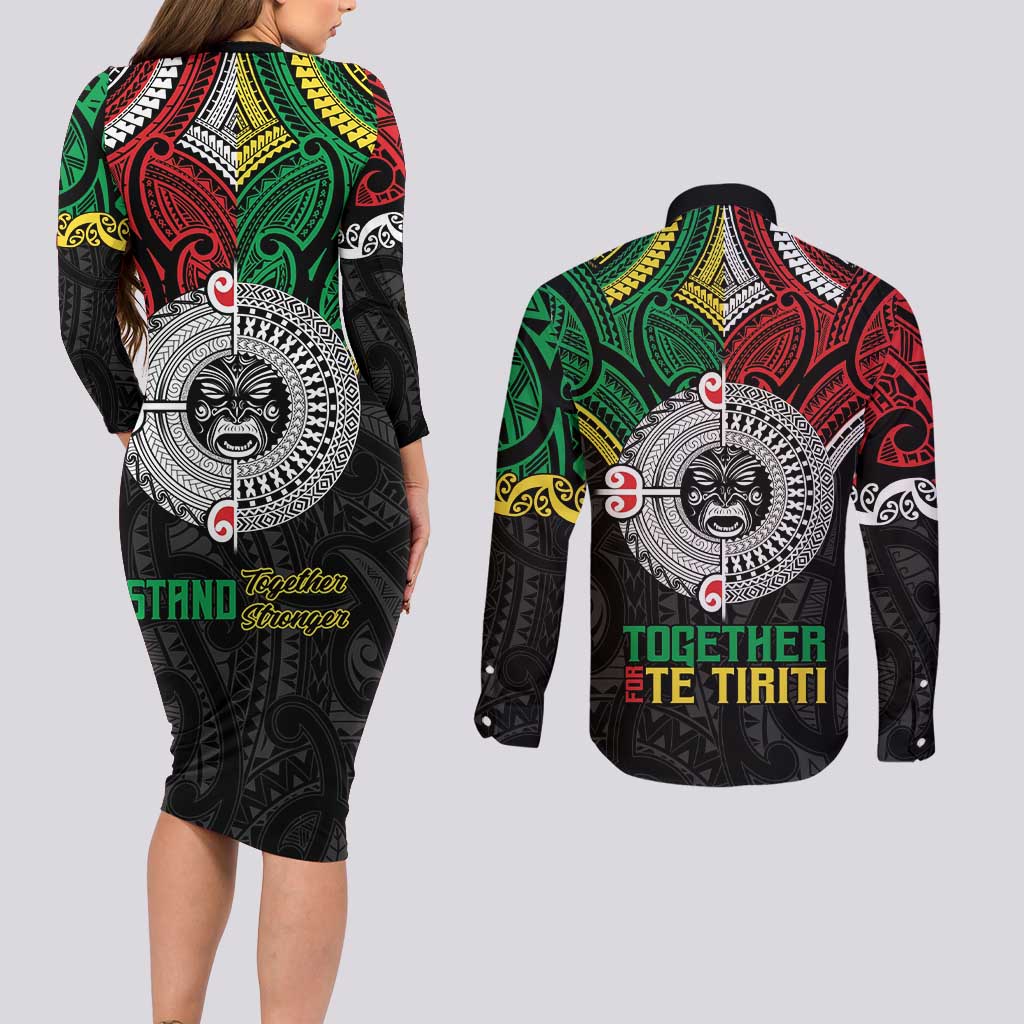 Aotearoa and Cook Islands Mo Te Tiriti Couples Matching Long Sleeve Bodycon Dress and Long Sleeve Button Shirt New Zealand Honour The Treaty Ake!Ake!Ake!