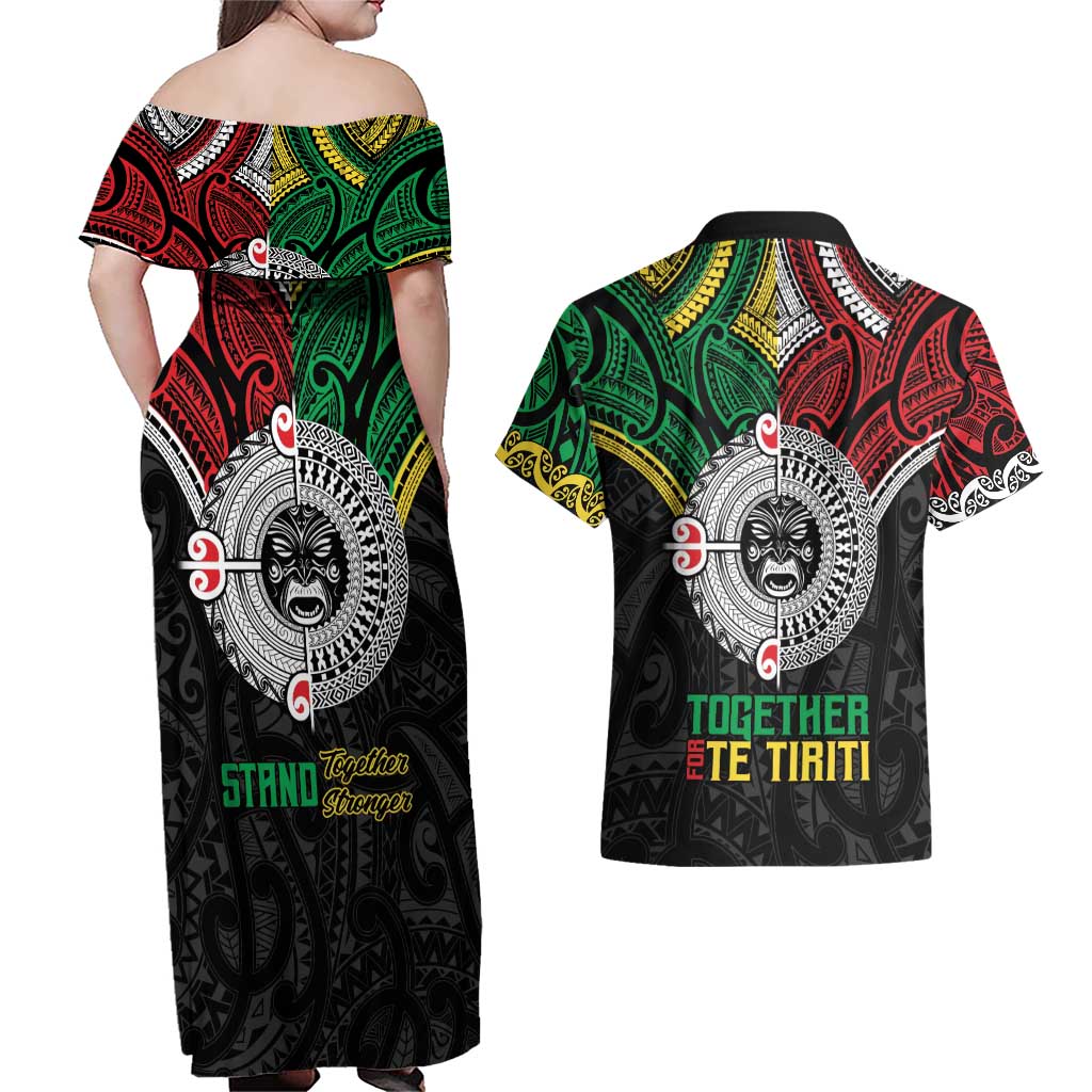 Aotearoa and Cook Islands Mo Te Tiriti Couples Matching Off Shoulder Maxi Dress and Hawaiian Shirt New Zealand Honour The Treaty Ake!Ake!Ake! LT9 - Polynesian Pride