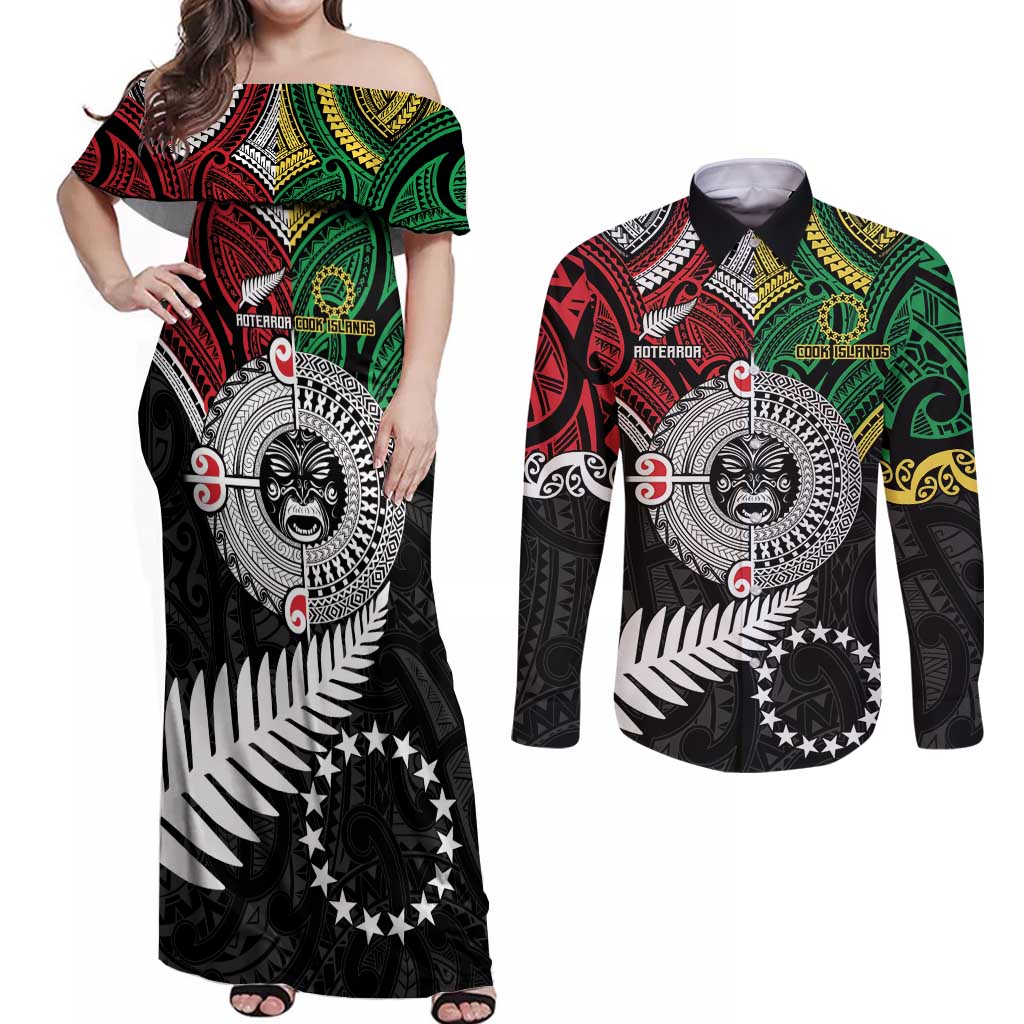 Aotearoa and Cook Islands Mo Te Tiriti Couples Matching Off Shoulder Maxi Dress and Long Sleeve Button Shirt New Zealand Honour The Treaty Ake!Ake!Ake!