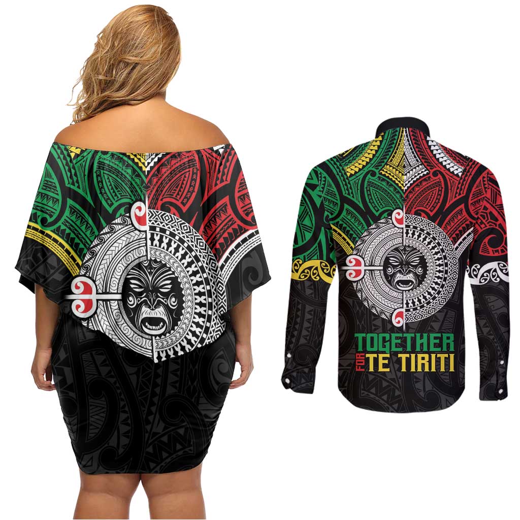 Aotearoa and Cook Islands Mo Te Tiriti Couples Matching Off Shoulder Short Dress and Long Sleeve Button Shirt New Zealand Honour The Treaty Ake!Ake!Ake!