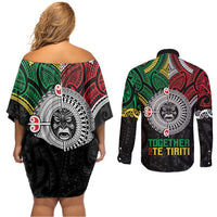 Aotearoa and Cook Islands Mo Te Tiriti Couples Matching Off Shoulder Short Dress and Long Sleeve Button Shirt New Zealand Honour The Treaty Ake!Ake!Ake!