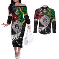 Aotearoa and Cook Islands Mo Te Tiriti Couples Matching Off The Shoulder Long Sleeve Dress and Long Sleeve Button Shirt New Zealand Honour The Treaty Ake!Ake!Ake!