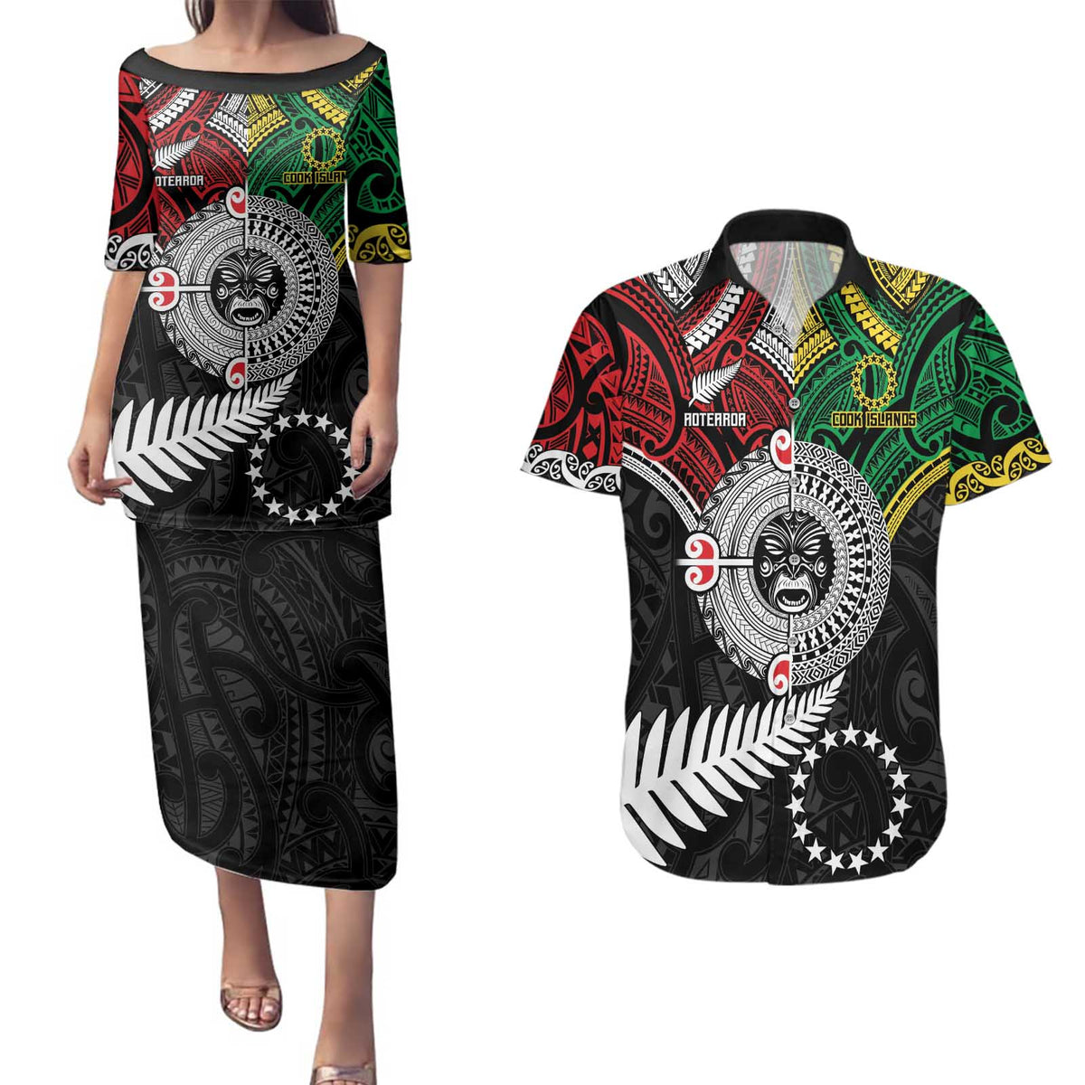Aotearoa and Cook Islands Mo Te Tiriti Couples Matching Puletasi and Hawaiian Shirt New Zealand Honour The Treaty Ake!Ake!Ake!