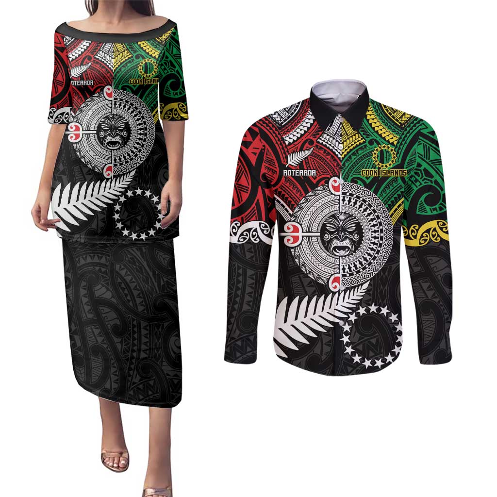 Aotearoa and Cook Islands Mo Te Tiriti Couples Matching Puletasi and Long Sleeve Button Shirt New Zealand Honour The Treaty Ake!Ake!Ake!
