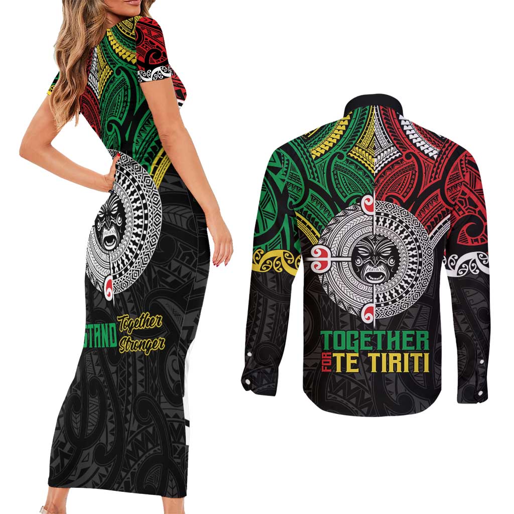 Aotearoa and Cook Islands Mo Te Tiriti Couples Matching Short Sleeve Bodycon Dress and Long Sleeve Button Shirt New Zealand Honour The Treaty Ake!Ake!Ake!