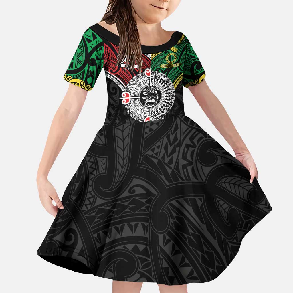 Aotearoa and Cook Islands Mo Te Tiriti Family Matching Off Shoulder Maxi Dress and Hawaiian Shirt New Zealand Honour The Treaty Ake!Ake!Ake! LT9 Daughter's Dress Green - Polynesian Pride