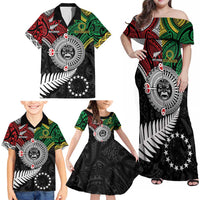 Aotearoa and Cook Islands Mo Te Tiriti Family Matching Off Shoulder Maxi Dress and Hawaiian Shirt New Zealand Honour The Treaty Ake!Ake!Ake! LT9 - Polynesian Pride