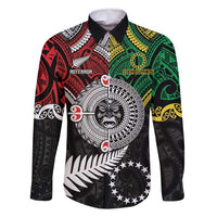 Aotearoa and Cook Islands Mo Te Tiriti Family Matching Off Shoulder Maxi Dress and Hawaiian Shirt New Zealand Honour The Treaty Ake!Ake!Ake! LT9 Dad's Shirt - Long Sleeve Green - Polynesian Pride