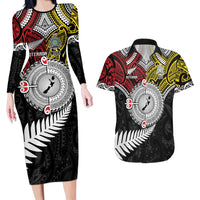 Aotearoa and Niue Mo Te Tiriti Couples Matching Long Sleeve Bodycon Dress and Hawaiian Shirt New Zealand Honour The Treaty Ake!Ake!Ake! LT9 Gold - Polynesian Pride