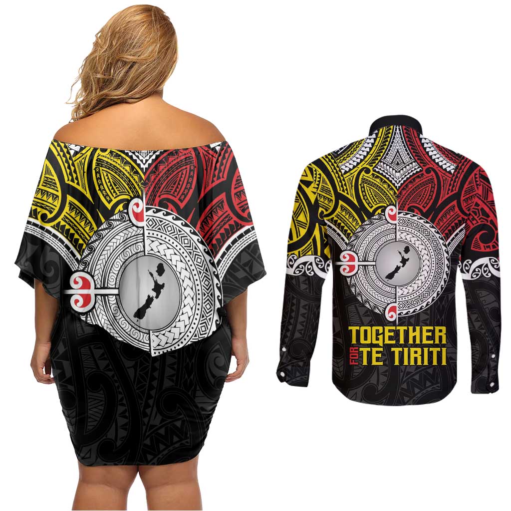 Aotearoa and Niue Mo Te Tiriti Couples Matching Off Shoulder Short Dress and Long Sleeve Button Shirt New Zealand Honour The Treaty Ake!Ake!Ake!