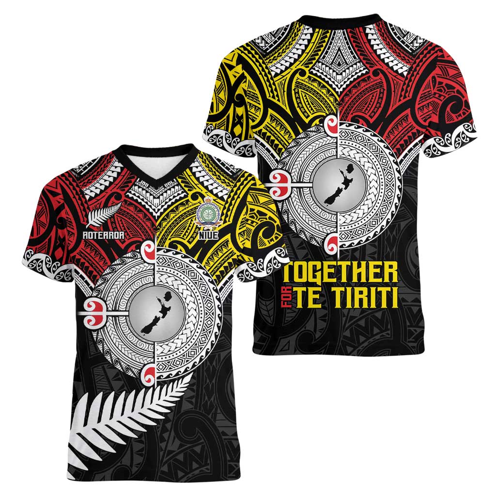 Aotearoa and Niue Mo Te Tiriti Women V-Neck T-Shirt New Zealand Honour The Treaty Ake!Ake!Ake!