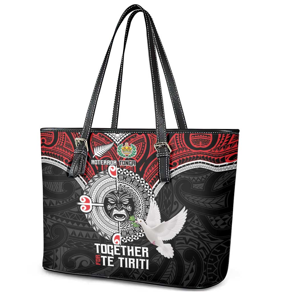 Aotearoa and Tonga Mo Te Tiriti Leather Tote Bag New Zealand Honour The Treaty Ake!Ake!Ake!