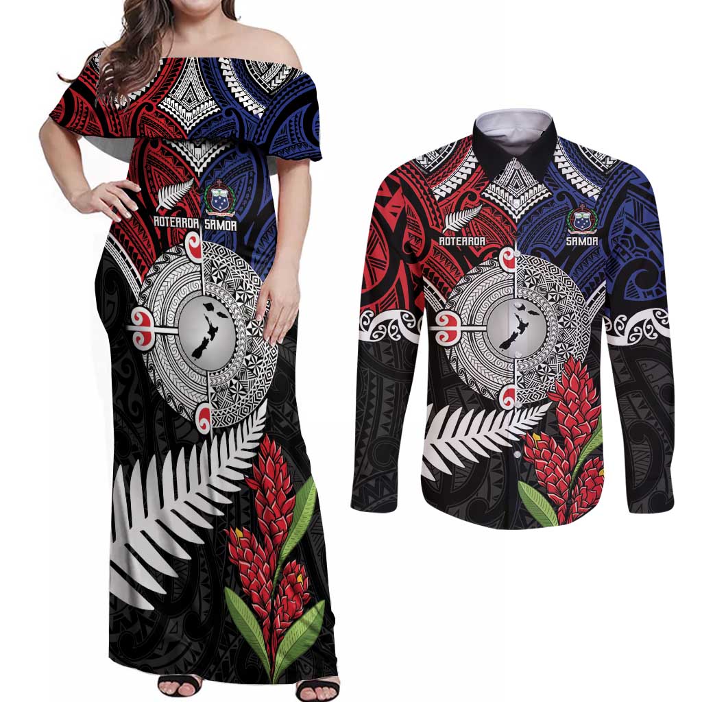 Aotearoa and Samoa Mo Te Tiriti Couples Matching Off Shoulder Maxi Dress and Long Sleeve Button Shirt Tangata Moana Stand with Tangata Whenua