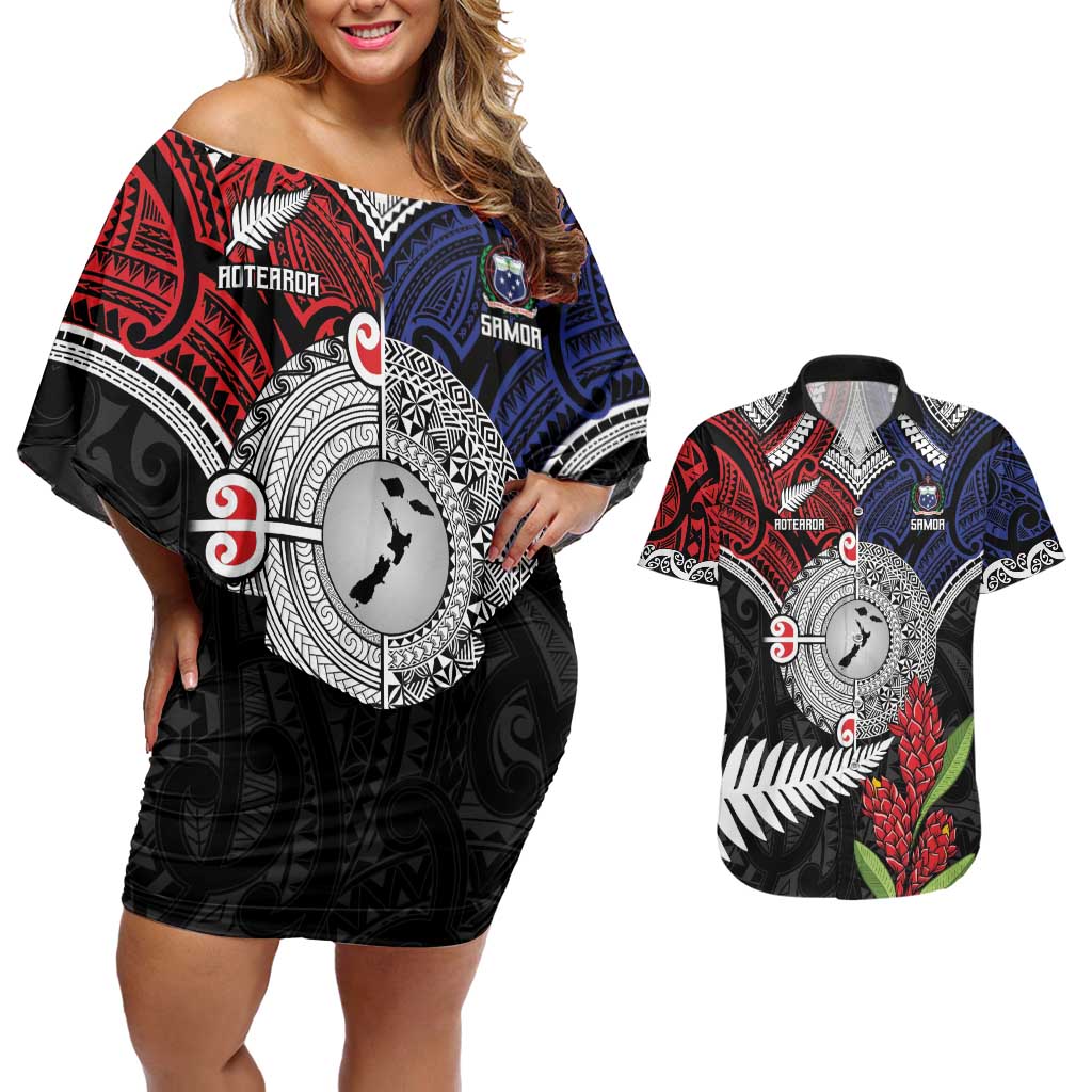Aotearoa and Samoa Mo Te Tiriti Couples Matching Off Shoulder Short Dress and Hawaiian Shirt Tangata Moana Stand with Tangata Whenua