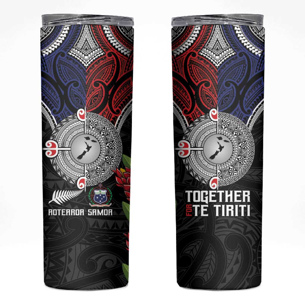 Aotearoa and Samoa Mo Te Tiriti Skinny Tumbler Tangata Moana Stand with Tangata Whenua LT9 Blue - Polynesian Pride
