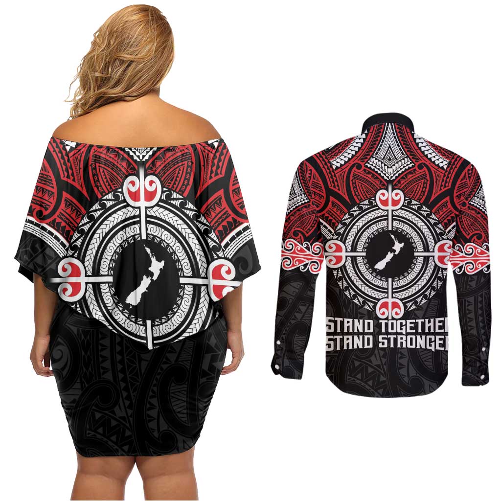 Aotearoa Proud To Be Maori Couples Matching Off Shoulder Short Dress and Long Sleeve Button Shirt New Zealand Fight Together