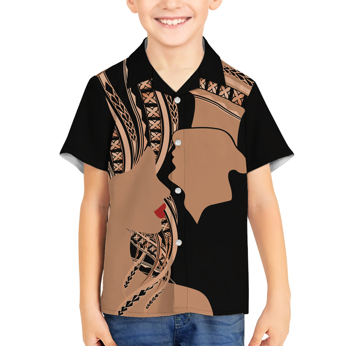 Personalised Valentines Day Romantic Lovers Family Matching Tank Maxi Dress and Hawaiian Shirt LT9 Son's Shirt Gold - Polynesian Pride