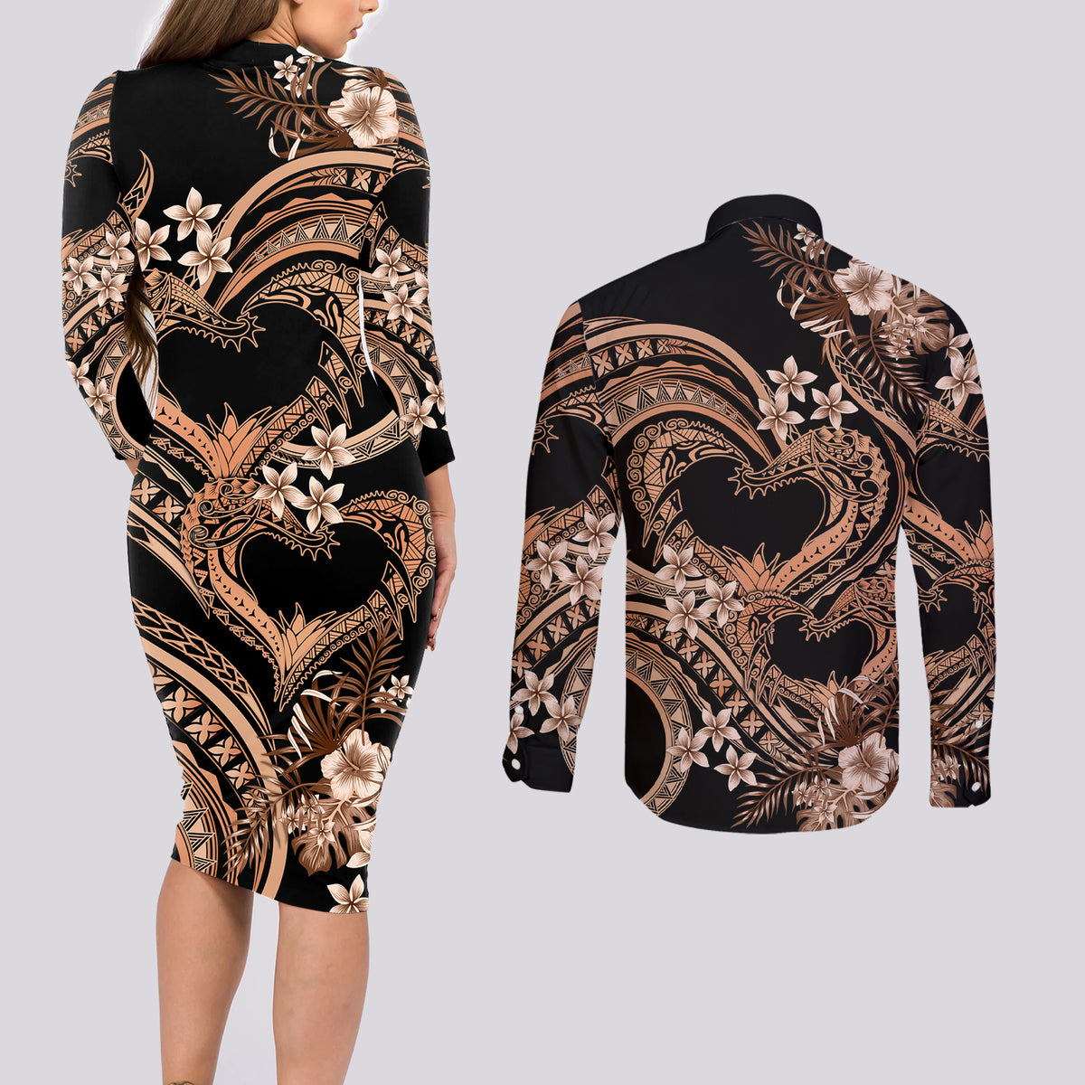 Polynesia Valentines Day Forever In My Heart Tattoo Couples Matching Long Sleeve Bodycon Dress and Long Sleeve Button Shirt Gold Style LT9 - Polynesian Pride