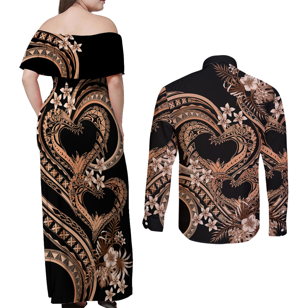 Polynesia Valentines Day Forever In My Heart Tattoo Couples Matching Off Shoulder Maxi Dress and Long Sleeve Button Shirt Gold Style LT9 - Polynesian Pride