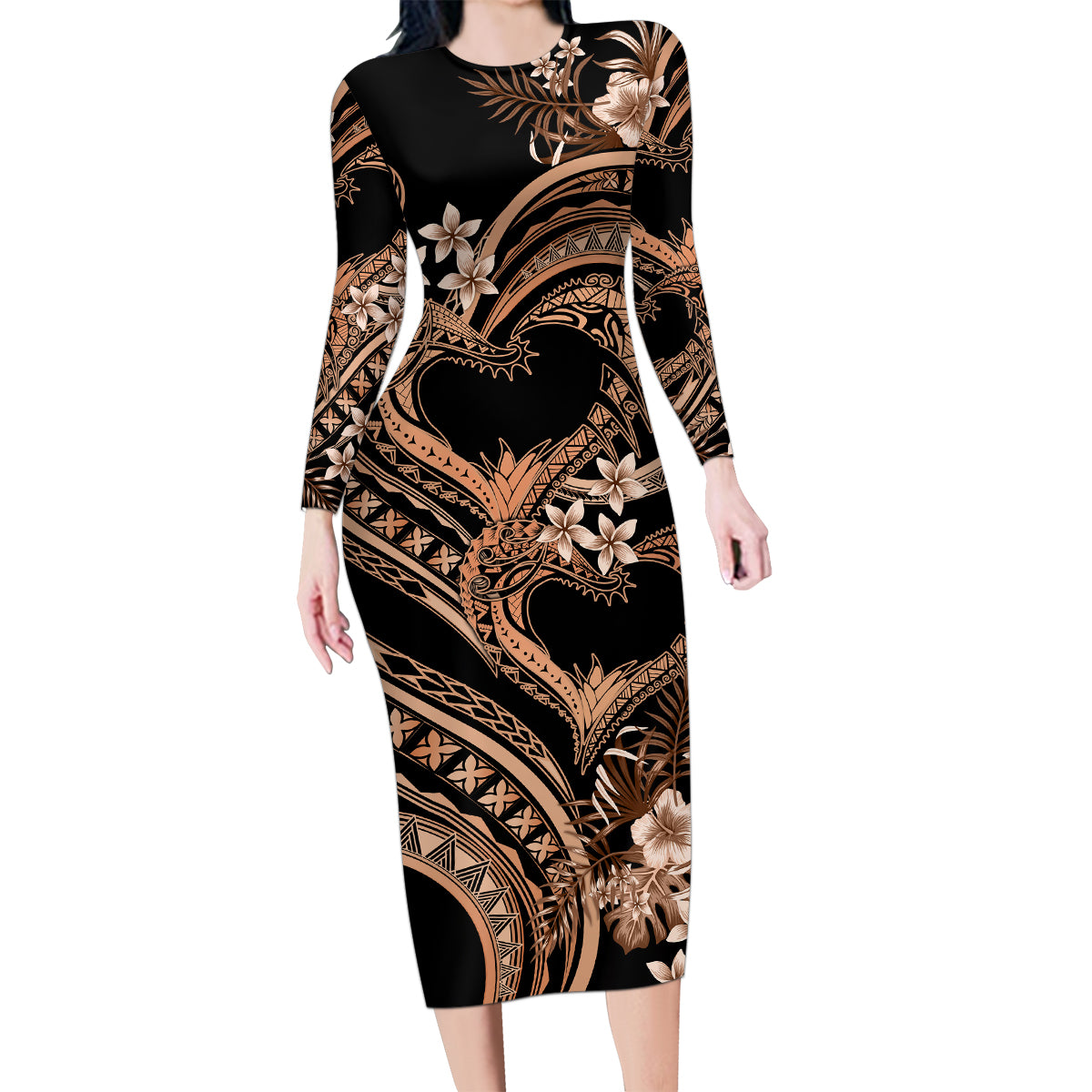 Polynesia Valentines Day Forever In My Heart Tattoo Family Matching Long Sleeve Bodycon Dress and Hawaiian Shirt Gold Style LT9 Mom's Dress Gold - Polynesian Pride