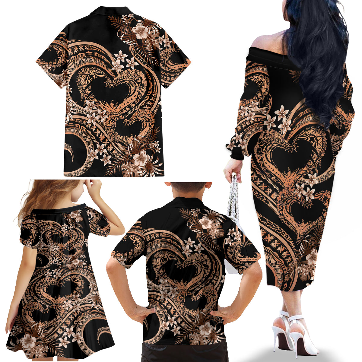 Polynesia Valentines Day Forever In My Heart Tattoo Family Matching Off Shoulder Long Sleeve Dress and Hawaiian Shirt Gold Style LT9 - Polynesian Pride