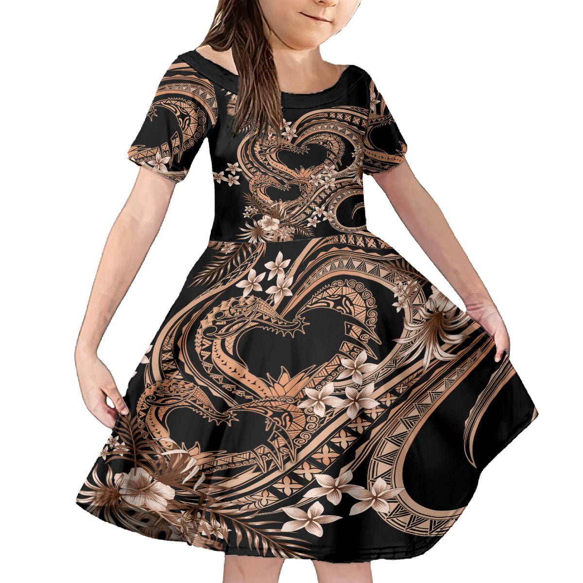 Polynesia Valentines Day Forever In My Heart Tattoo Family Matching Puletasi and Hawaiian Shirt Gold Style LT9 Daughter's Dress Gold - Polynesian Pride