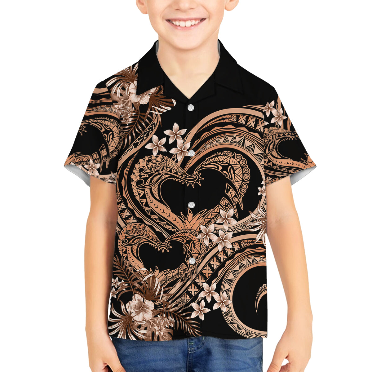 Polynesia Valentines Day Forever In My Heart Tattoo Family Matching Summer Maxi Dress and Hawaiian Shirt Gold Style LT9 Son's Shirt Gold - Polynesian Pride