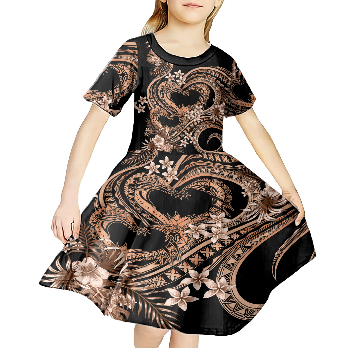 Polynesia Valentines Day Forever In My Heart Tattoo Kid Short Sleeve Dress Gold Style LT9 - Polynesian Pride