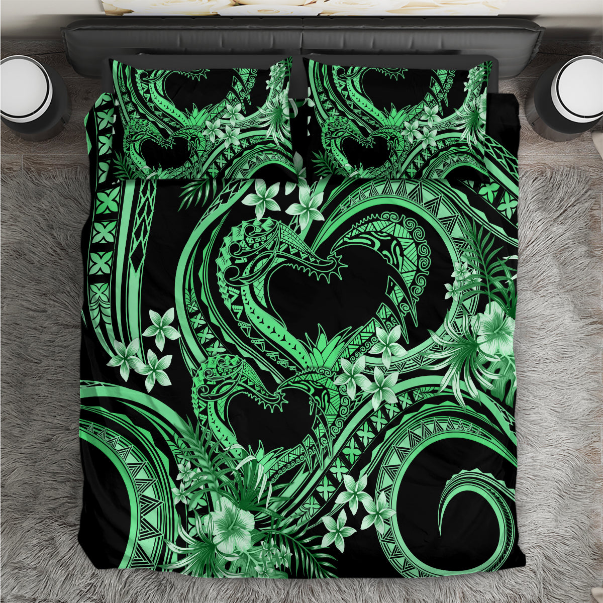 Polynesia Valentines Day Forever In My Heart Tattoo Bedding Set Green Style LT9 Green - Polynesian Pride