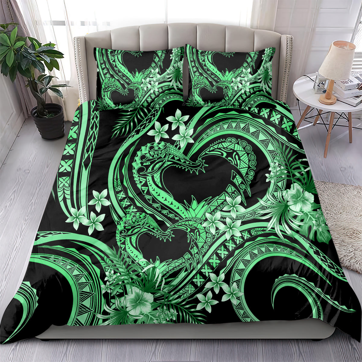 Polynesia Valentines Day Forever In My Heart Tattoo Bedding Set Green Style LT9 - Polynesian Pride