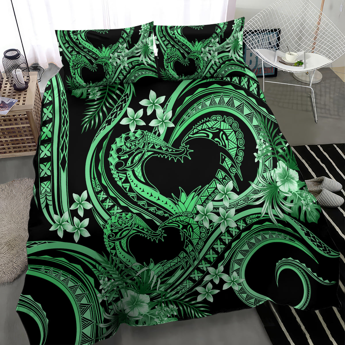 Polynesia Valentines Day Forever In My Heart Tattoo Bedding Set Green Style LT9 - Polynesian Pride