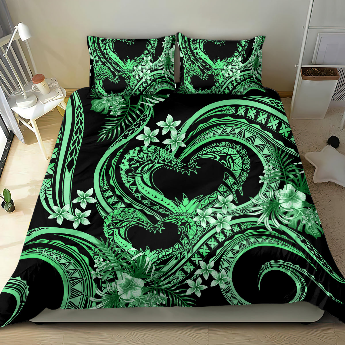 Polynesia Valentines Day Forever In My Heart Tattoo Bedding Set Green Style LT9 - Polynesian Pride