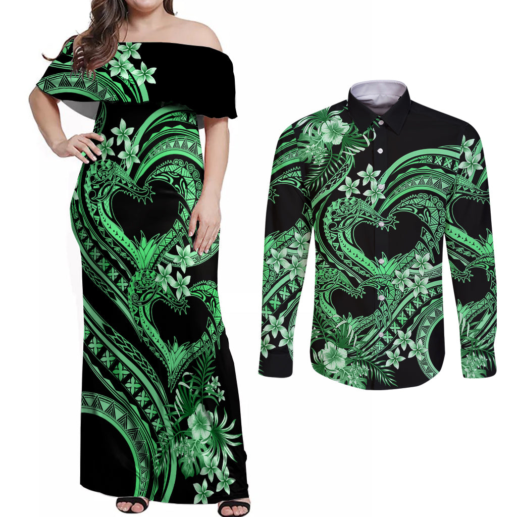 Polynesia Valentines Day Forever In My Heart Tattoo Couples Matching Off Shoulder Maxi Dress and Long Sleeve Button Shirt Green Style LT9 Green - Polynesian Pride
