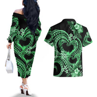 Polynesia Valentines Day Forever In My Heart Tattoo Couples Matching Off The Shoulder Long Sleeve Dress and Hawaiian Shirt Green Style LT9 - Polynesian Pride