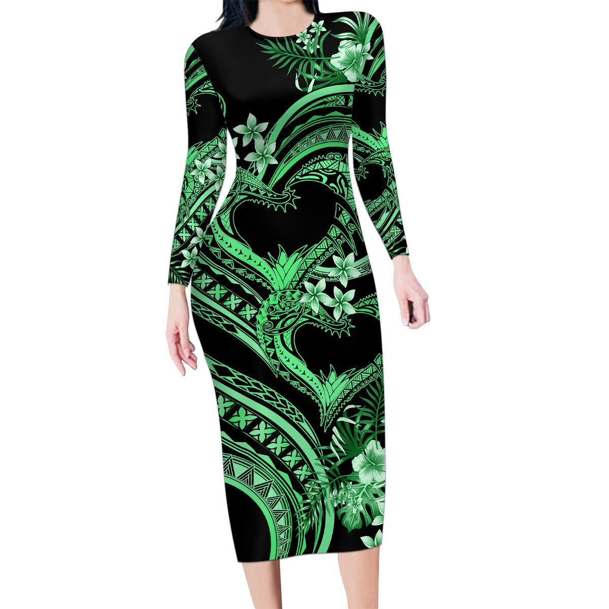 Polynesia Valentines Day Forever In My Heart Tattoo Family Matching Long Sleeve Bodycon Dress and Hawaiian Shirt Green Style LT9 Mom's Dress Green - Polynesian Pride